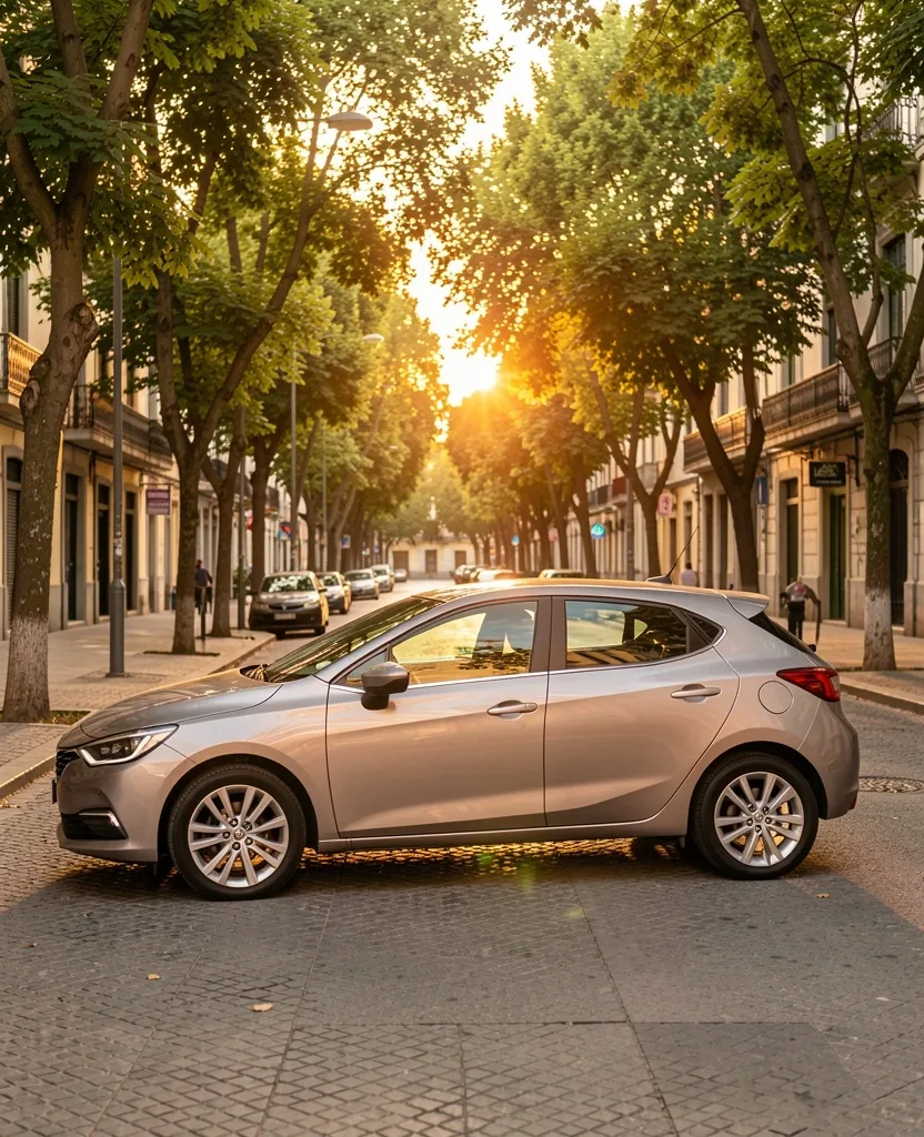Vehículo de carsharing estacionado en una calle de Buenos Aires al amanecer