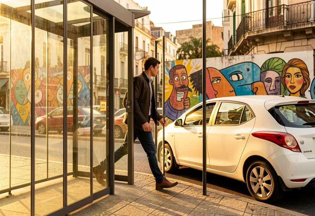 Persona saliendo de una estación de subte hacia autos compartidos