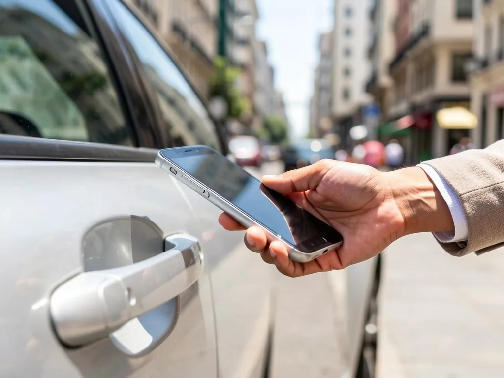 Persona desbloqueando un auto compartido con su teléfono