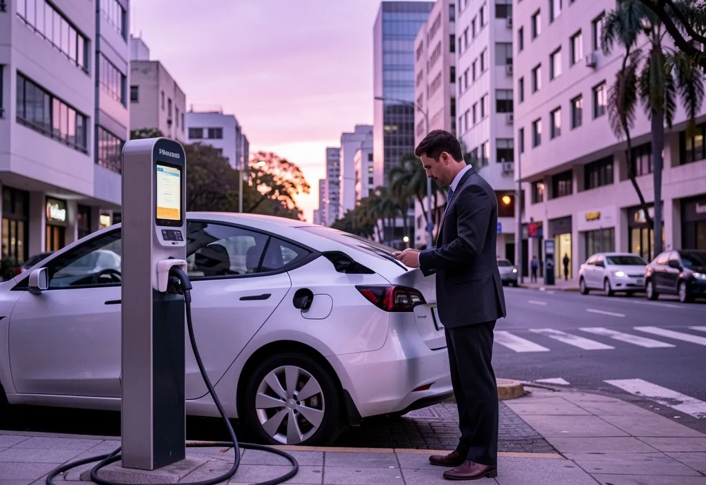 Entusiasta de tecnología sustentable revisando un vehículo compartido eléctrico