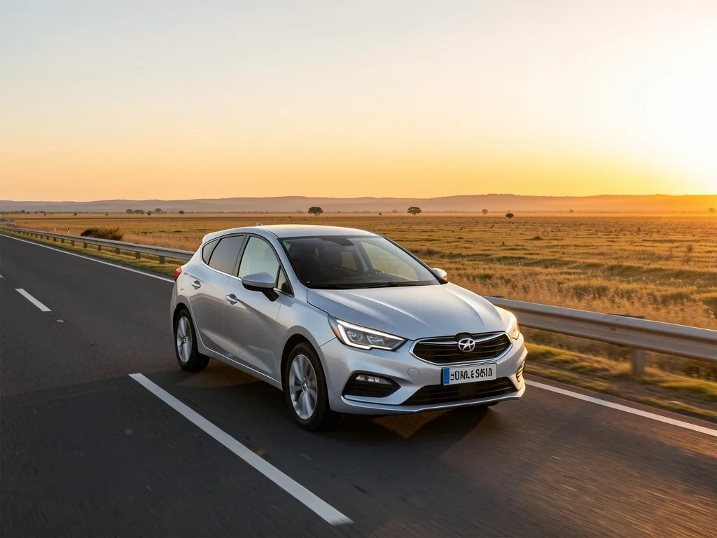 Auto compartido circulando por ruta provincial argentina al atardecer