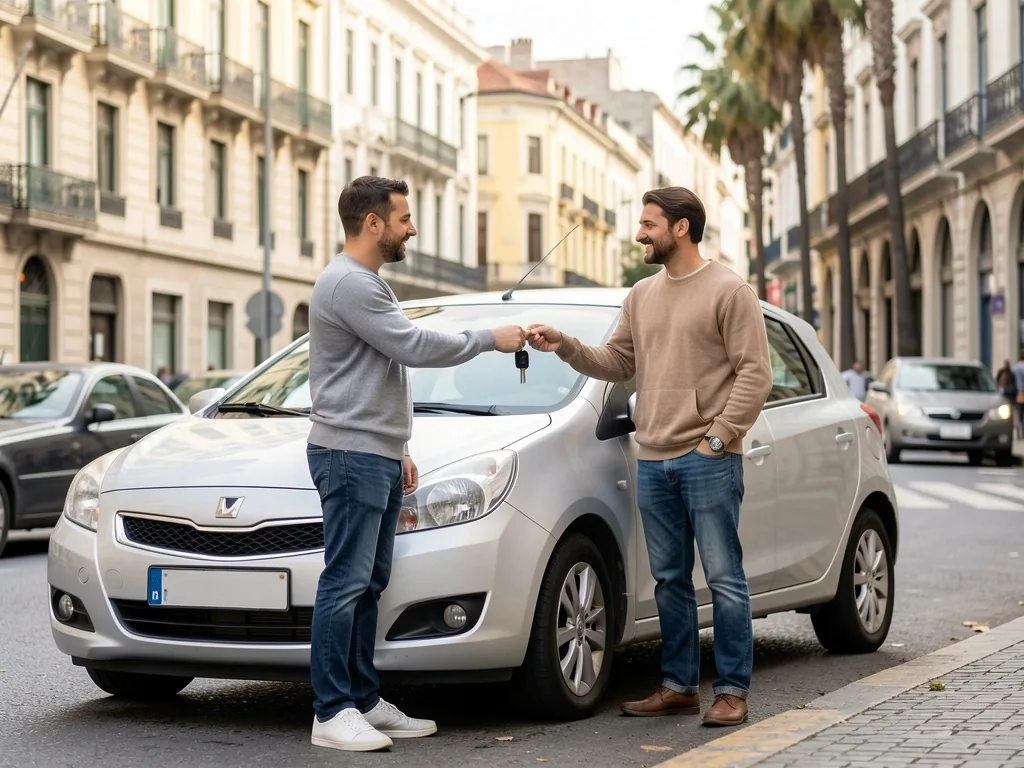 Dos personas junto a un auto compartido discutiendo quién conduce