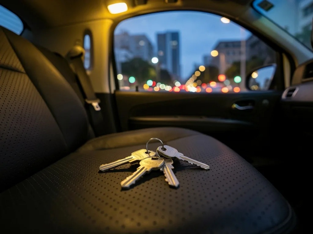 Llaves de casa olvidadas sobre el asiento de un auto compartido