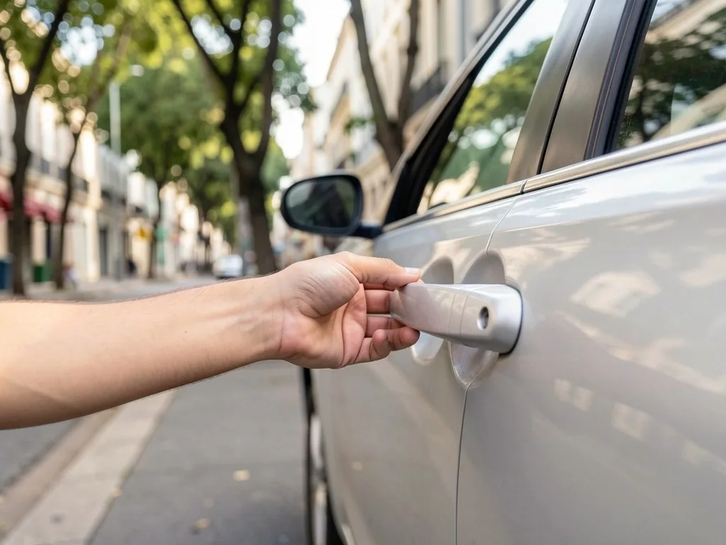 Mano abriendo la puerta de un auto compartido en una calle de Buenos Aires