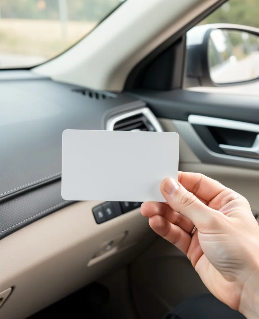 Manos sosteniendo una licencia de conducir sobre el tablero de un auto